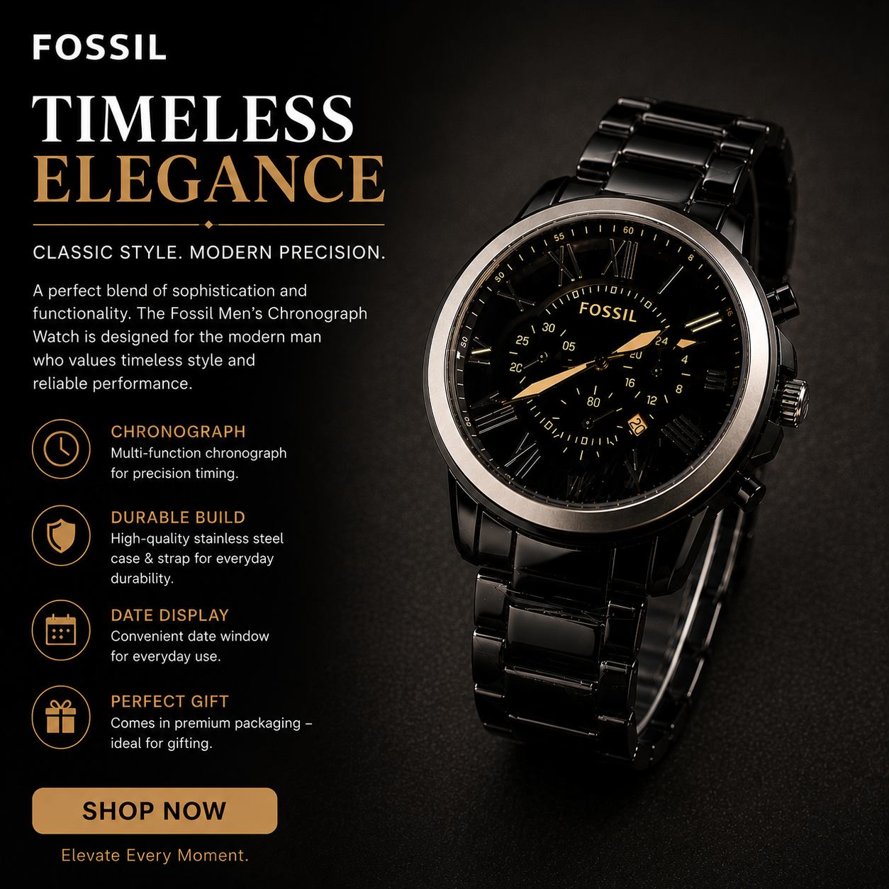 Fossil Black & Gold Premium Chronograph Watch