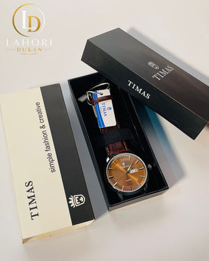 TIMAS Premium Brown Leather Strap Watch – Elegant Quartz Watch for Men